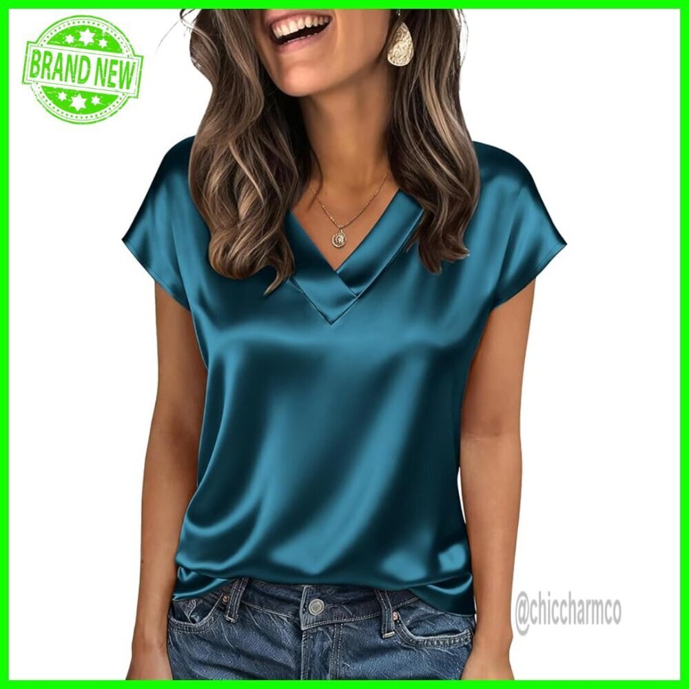 Satin Button-Down Shirt Short Sleeve V-Neck Business Casual Blouse S-2XL